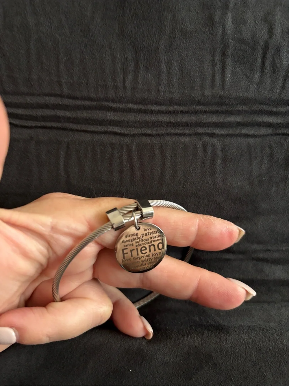 Friend Charm Silver Cable Bangle Bracelet